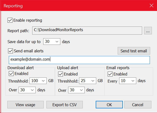 Network usage report settings